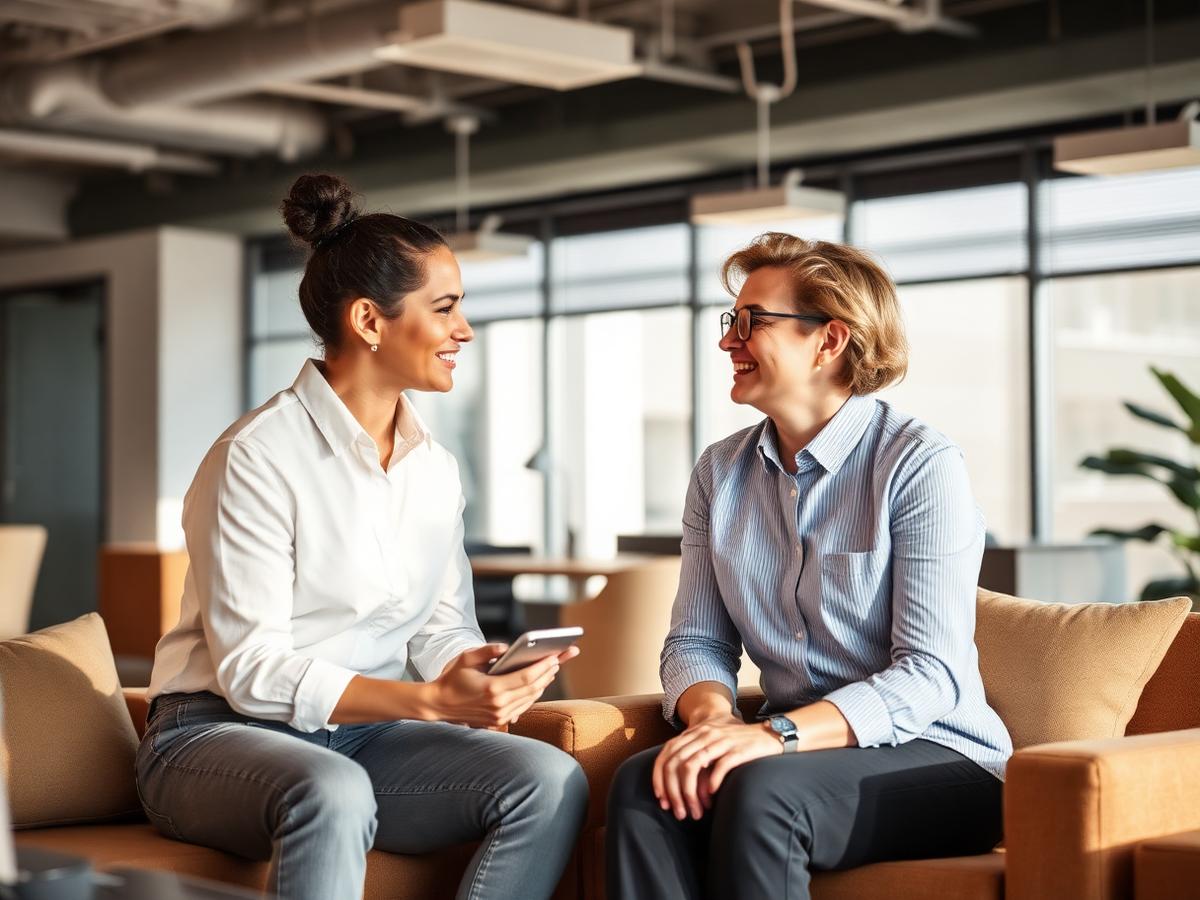 Duas colegas conversando em um lounge de escritório